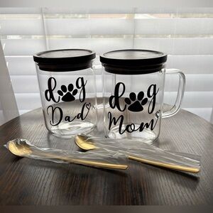 Dog Mom and Dad Glass Mugs with Spoons and Lids